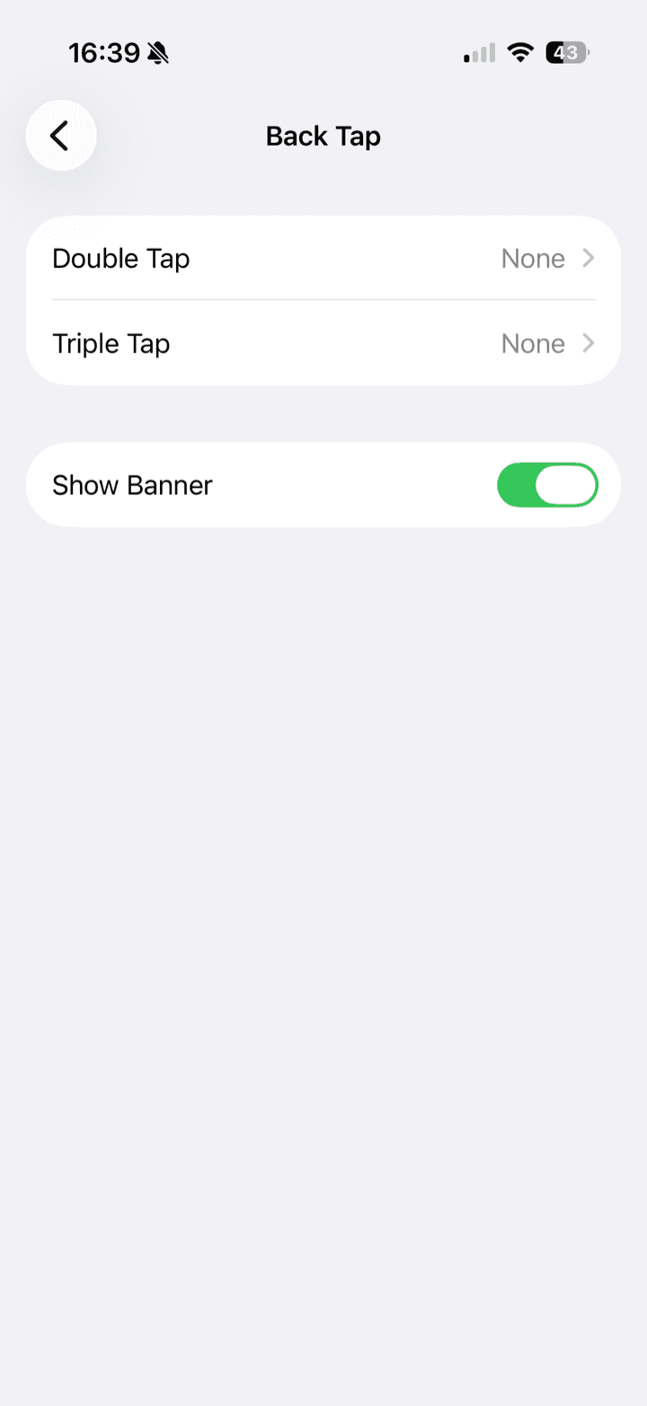 iPhone Settings, Back Tap screen, showing Double Tap and Triple Tap set to None.