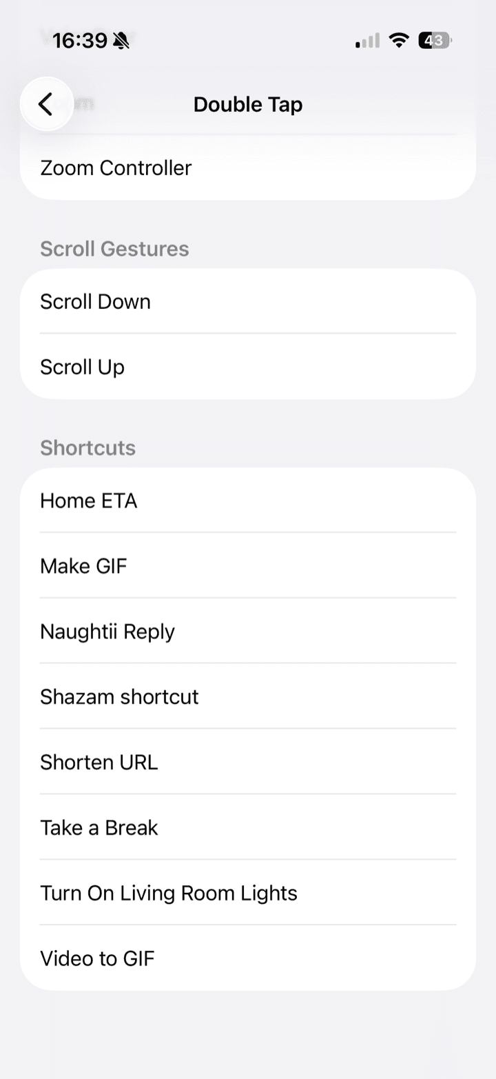 The Double Tap list scrolled to the Shortcuts section, with Naughtii Reply listed between Make GIF and Shazam shortcut.