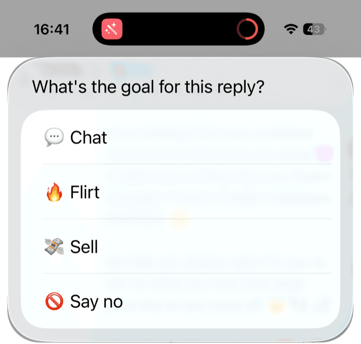 The goal sheet over a chat: Chat, Flirt, Sell, Say no.