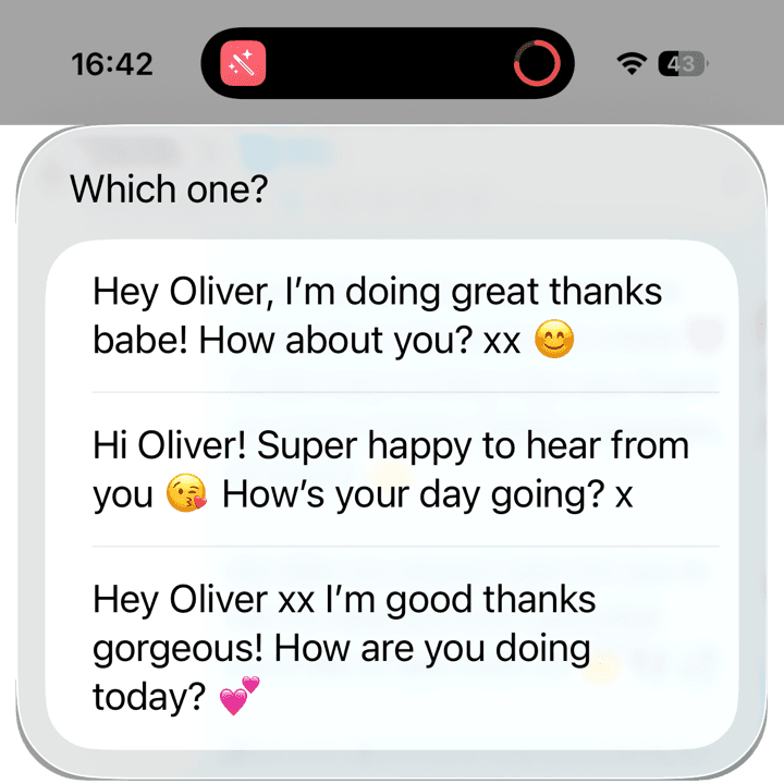 The reply picker: three suggested replies in the creator's voice.