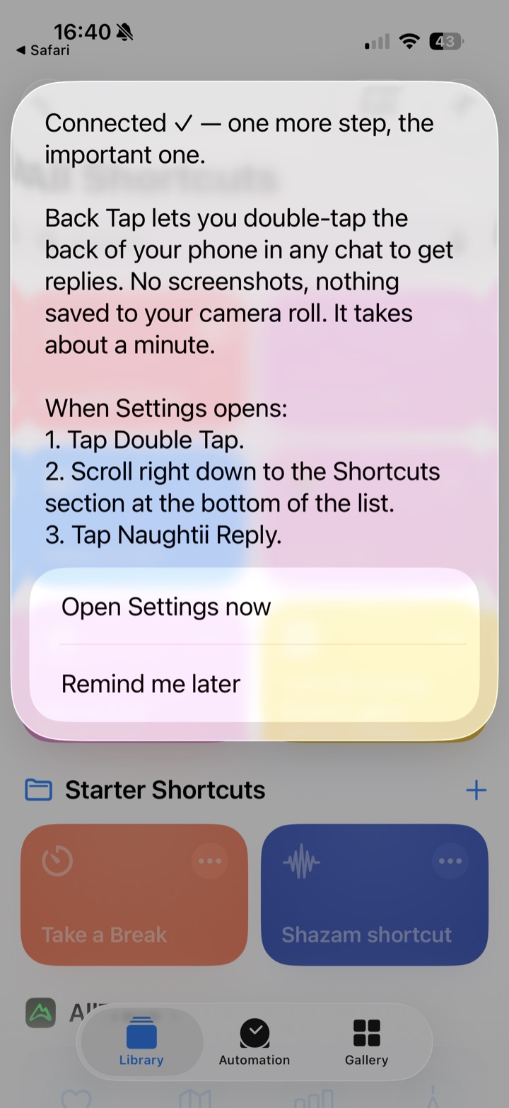 The Connected menu with the Back Tap steps and the options Open Settings now and Remind me later