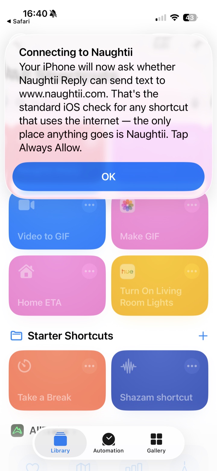 The shortcut's "Connecting to Naughtii" alert, which explains the iOS prompt before it appears