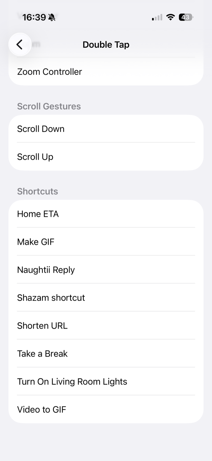 The Double Tap list scrolled to the Shortcuts section, where Naughtii Reply is listed