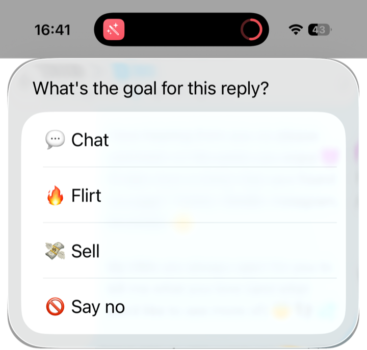 The goal menu: Chat, Flirt, Sell, Say no