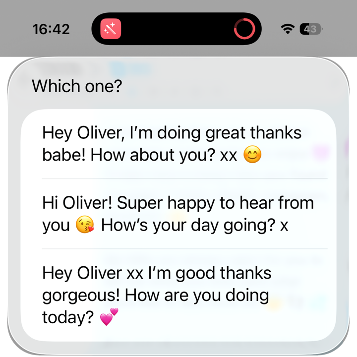 The reply picker with three suggested replies in the creator's voice